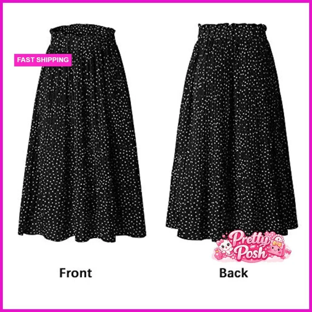 High Waist Polka Dot Pleated Maxi Midi Skirt with Pockets - Picture 3 of 7